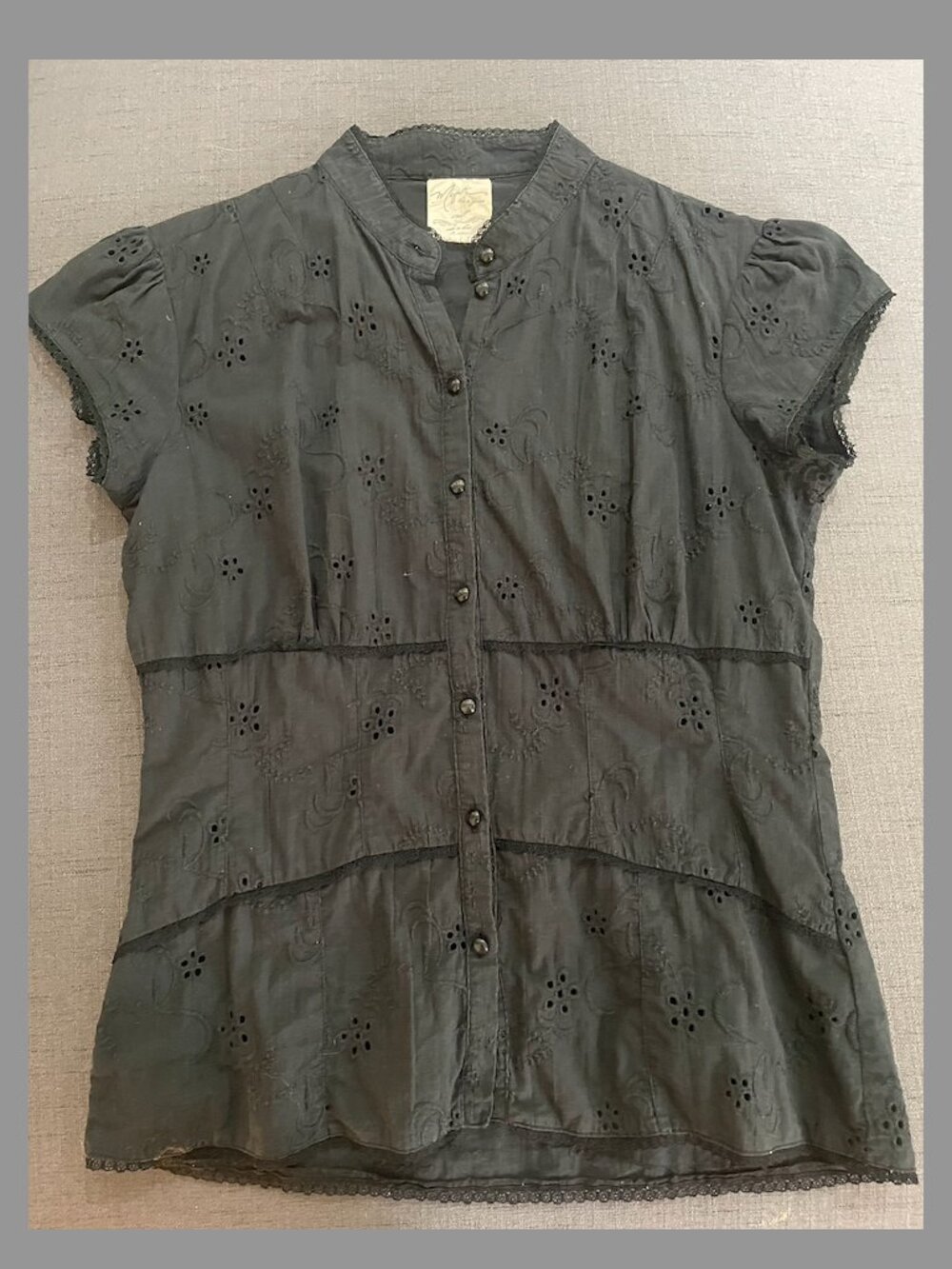 Mynt "This is Yours" Black Cotton Eyelet Lace Vintage Blouse Top, Size Small